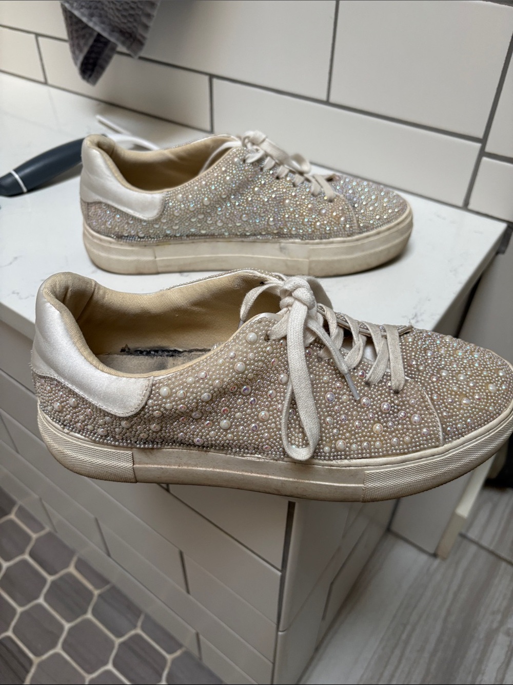 Betsey Johnson Beige Pearl & Crystal Embellished Sneakers - Picture 5 of 7
